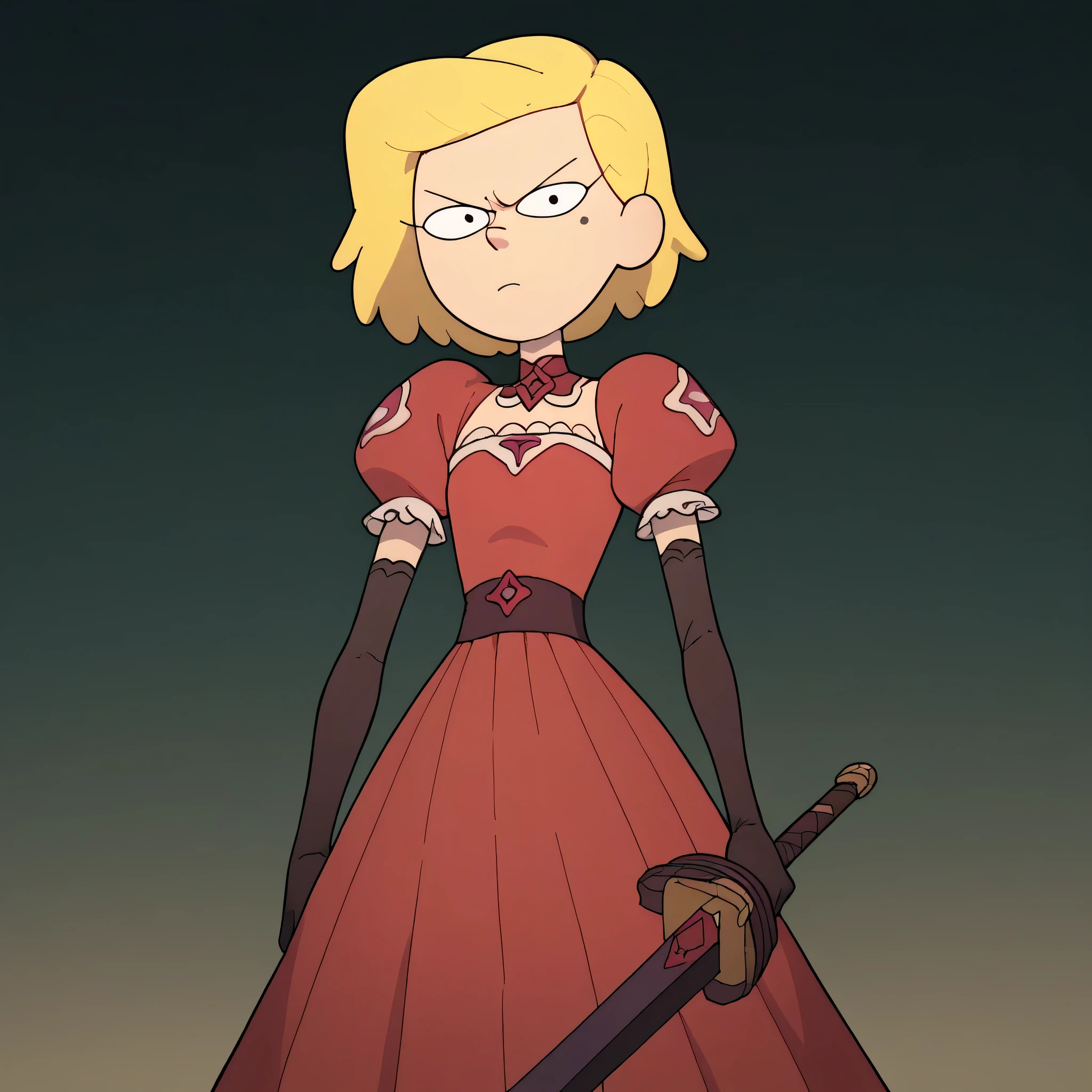 score_9, score_8_up, score_7_up, score_6_up, score_5_up, score_4_up, zPDXL2,source_anime,rating_questionable,solo, 1girl, scowl, looking at viewer, mag1caloutf1t, long red dress, jewelry, elbow gloves, puffy sleeves, frills, lace , magical girl,score_9, score_8_up, score_7_up, 1girl, Waybright, blonde hair, short hair, mole under eye, flat chest, narrow waist, wide hips, highres, high quality, masterpiece, <lora:Sasha_Waybright,,Holding a sword,Fighting stance,
