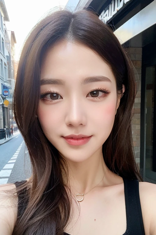 blush a little and smile, (Top quality masterpiece:1.2) Delicate illustrations, Very detailed, /Beautiful Japanese Women、1 person,Very cute and slim、Great style 、((8K images、super high quality))、Very delicate face, Skin and Hair、beautifule forehead、Red lipstick、(((((Mid-length hair、Blonde、lure))))),Very cute Japanese cut face、Eyes and nose are clearly visible、Kind eyes,((((Sleeveless fashion))))