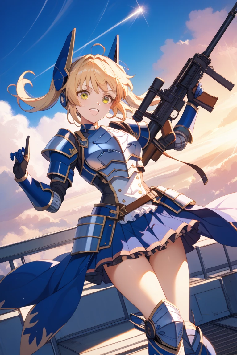 (masterpiece, best quality, highres, absurdres, ultra-detailed:1.2),  ((1girl, solo, noel vermillion, beret, blone hair, green eyes, short dress, detached sleeves, necktie, short hair, leather thighhighs)),  (holding heavy gatling gun), (stone floor, pillars, outdoors)<lora:noel vermillion (calamity trigger):0.6>, <lyco:ArsenalLoHa-v1.0:0.4>, <lora:add_detail_v1:0.8>