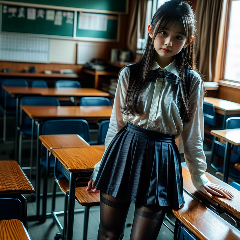 masterpiece, Highest quality, Ultra-high resolution, colorful, Flat Color, Depth of written boundary, Lens Flare 1 Girl, Sitting, Black Hair, watching viewer, School, classroom, Pleated mini skirt, Take off , serafuku, Black Pantyhose, A detailed touch, Detailed cloth texture, Beautifully detailed face, 30 year old beauty, Adult atmosphere