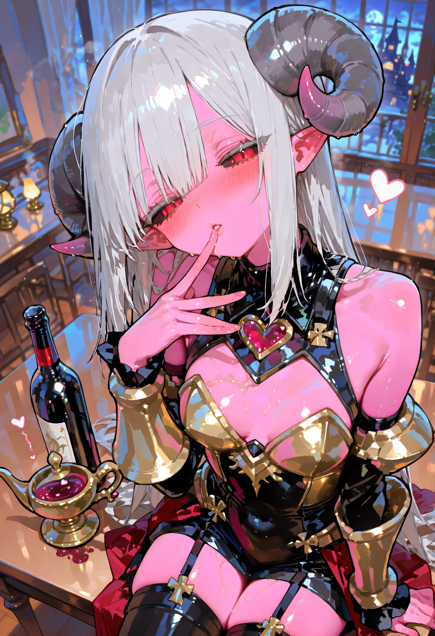 A female demon with elf ears, um rosto maduro com um sorriso perverso e dentes de vanpiro e corpo volumoso com seios e busto enormes, Silver hair with purple locks and demonic purple eyes, roupa preta com luvas pretas e botas pretas, unhas grandes longas e pontiagudas, caveiras e velas de rituais, sombras em formas de pessoas e uma porta distante no meio do nada, sangue