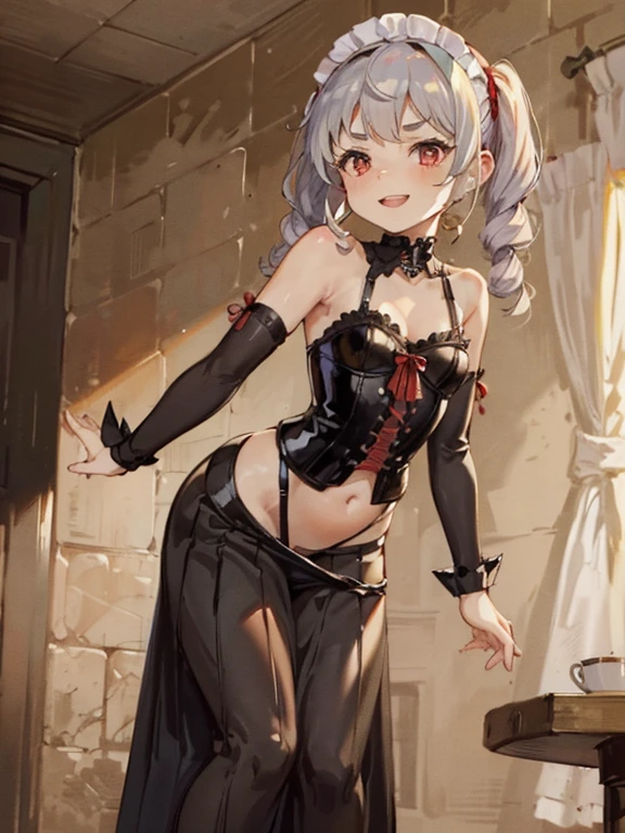 (small breasts:1.2), (perky chest:1.2), (pointed chest:1.2), (Pudding cake magazine cover:1.3),(from above:1.0),(shoot from the side:1.1),masterpiece, 1girl, Amazing Cleavage:1.1, thin waist, optimum,tmasterpiece,hight resolution,best qualtiy,hyper HD,super detailing,awardwinning,a 18yo cute girl,(The upper part of the body),anatomy correct,Beautiful Black miniskirt,garters,Gaze,Small face,bangss,holster,Beautuful Women,hands up,leg holster,Gaze,black boots,Cowboy Shot,cute face,a blond,Longhaire,Twin-tailed,Braids, Hairline,(scarlet eyes),long eyelasher,Hanging eye corners,White skin of the, ((see through camisole:1.1)), ((Sheer nipples:1.0)),Rocket Tits,(Slim body),smile,seductive weak smiling,(with sparkling eyes and a contagious smile),little open mouth, Looking at Viewer,