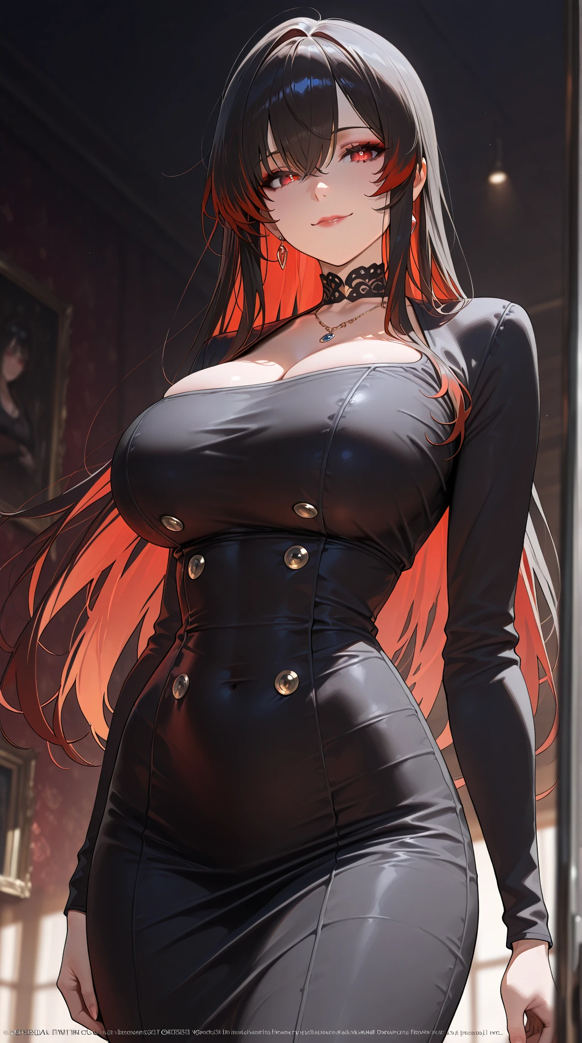 (Best quality, 4k, Masterpiece: 1.3, 8k, ultra-detailed, ultra-masterpiece), woman, ultra-detailed face, detailed lips, full lips, detailed eyes, double eyelid, wide hips, smooth skin, (((red hair), ((blue eyes)), tall, ((black dress)), looking confident and sexy, (looking at you with confidence)), ((((a beautiful woman))), ((background(Party with various people behind, party background)))