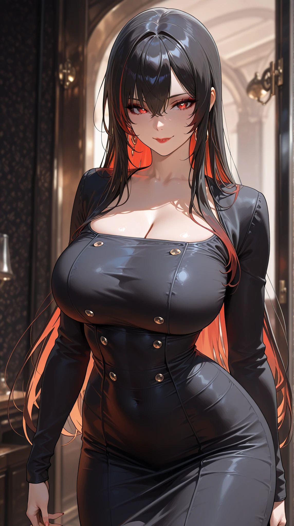 8K，tmasterpiece，bset quality，The large，（1个Giant Breast Girl），Red_Eyes，brunette color hair，long whitr hair，Glossy glossy skin，shiny big，（（best qualtiy）），Clear focus： 1.2，Very detailed face and skin texture，Detailed eyes，s the perfect face，Perfect body，Artistically，CG，blur backgroun，Big and present，20yr old，Mature cool face wearing（Black tight-fitting dress）