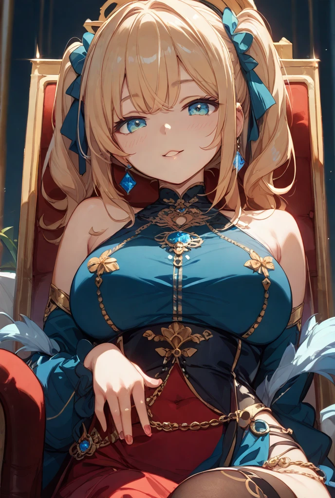 anime girl with horns and a blue dress sitting on a sofa, seductive anime girl, , thick, touching her clothes, Oppai, with big breasts, blonde anime girl with long hair, of dress, revealing clothing, highest rated on pixiv, Covered breasts and SFW, with big breasts, provocative smile, Ecchi