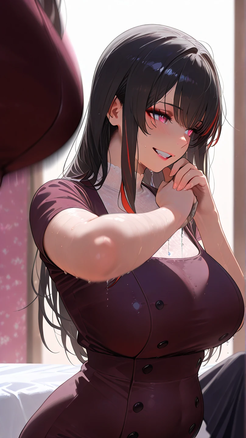 Yor Forger,Big Breasts,Red swimsuit,Black blouse,Close ~ eyes,Mouth of joy,shop,indoor,Hold food or drink in left hand,