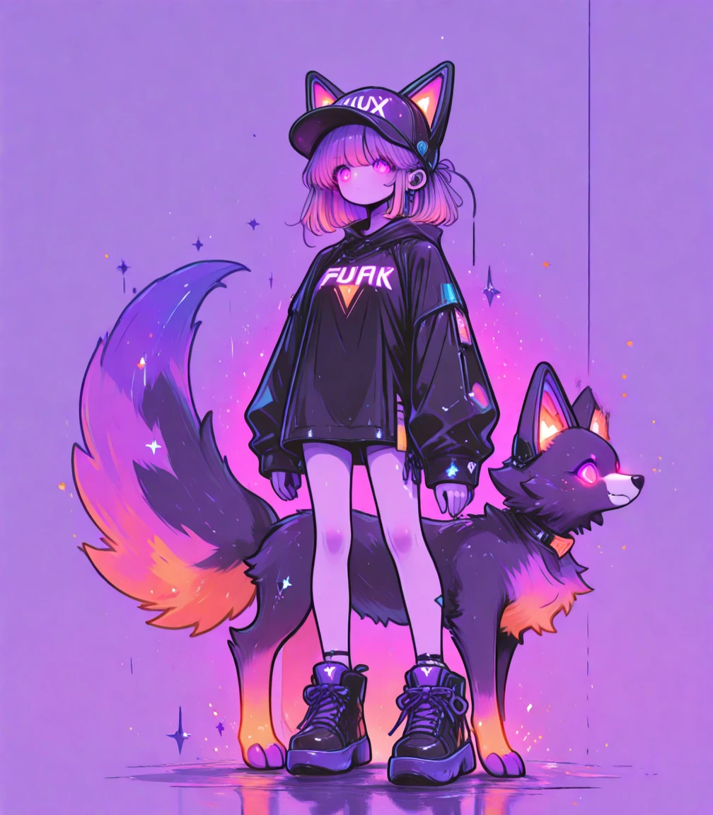 Black Fox, ((Black body, White Body:1.5)), (((masterpiece))), collar, (Dragon Wings:1.45), (headphones:1.4), short hair, black hair, blush, (headphones:1.55), ((Thigh High Socks, Femboy Clothing, Femboy Thigh Highs:1.2)), ((a blue eyes, a pink eyes:1.55)), (((Femboy))), full body, ((子宮のタトゥー, glowing tattoo:1.52)), ((guy look like women:1.52)), (fox tail:1.52), Full HD, 8K, ((short pant, Hoodie crop:1.52)), (small breasts:1.25), paw