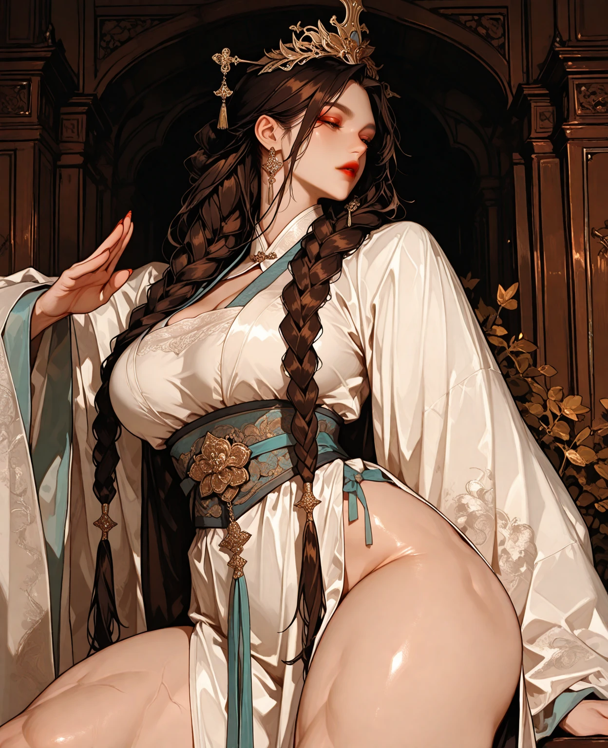 Surface quality best，8K, )，(Close-up)，(Han clothing, Hanfu :1.5)，{26-year-old lactating woman}， (Huge breasts:1.6), (Areola:1.4)instep，Real details