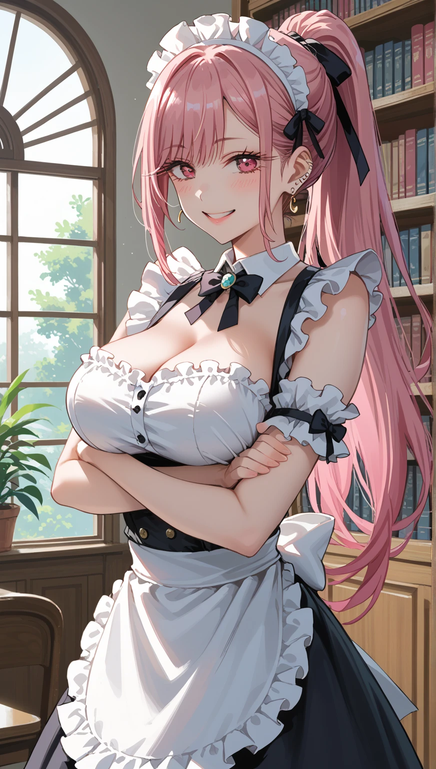 1girl, solo, nakano nino, pink hair, butterfly hair ornament, (naked:1.3), (white apron), large breasts, cleavage, thighs, cafe background, (blushing:1.3)