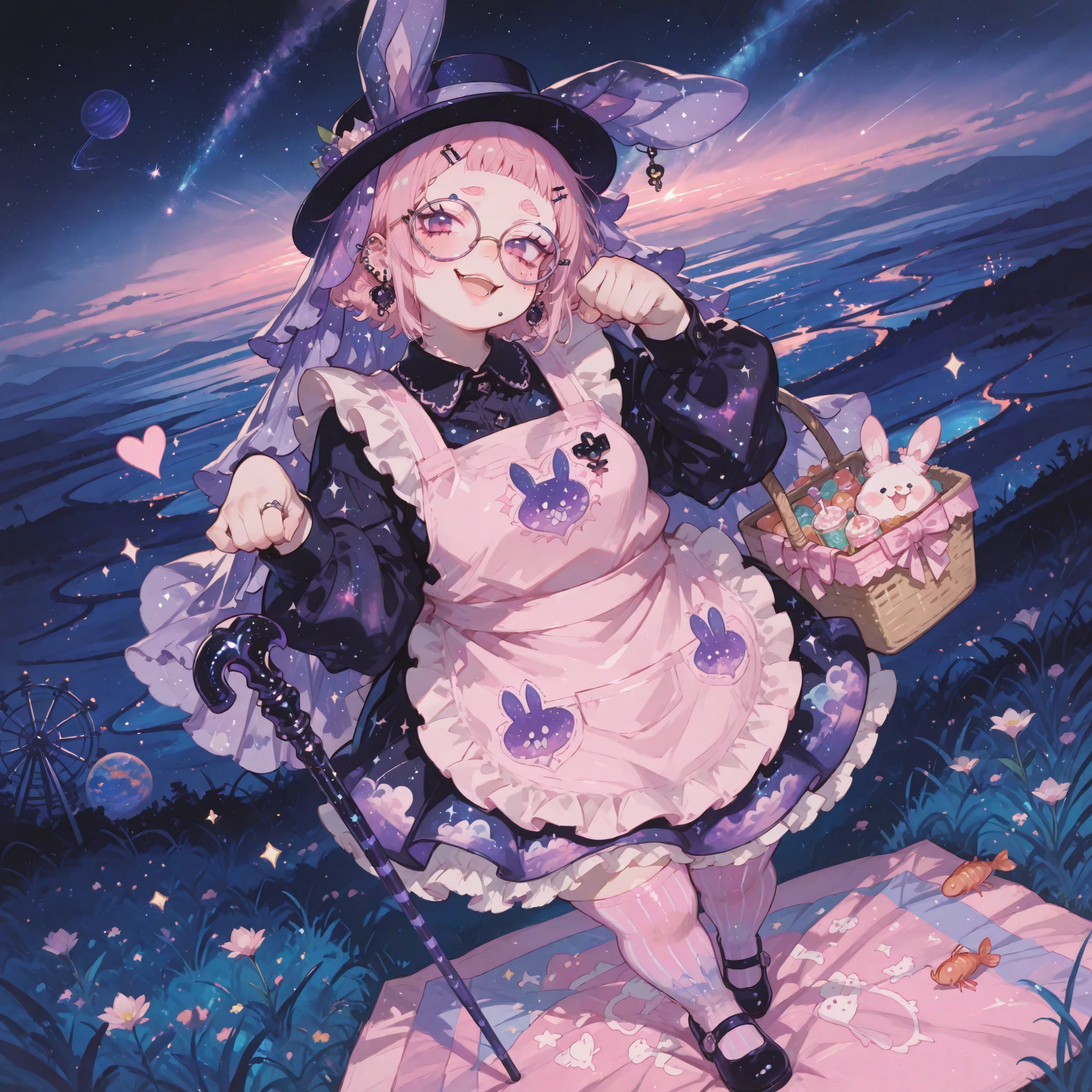 full body, dutch angle, from above, bouncy cute energetic posture, standing on one foot, using cane, head tilt, paw pose, innocent mischievous expression, small smile, open mouth, 1 femboy, (pastel (pink) curly (wolfcut)), (((adult))), (((lip piercings))), (((double lip piercings,))) short bangs, big forehead, (((bean brows,))) sharp canines, pink eyes with heart highlight, round stylized blush, ((chubby)), circle glasses, hair clips pom pom earrings, frilly galaxy porkpie hat with bunny ears, ((purple galaxy veil)), pink striped (((bunny-print))) ta dress, frilly ribboned apron, purple galaxy petticoat, (yami kawaii), pink white (horizontal striped) thigh highs, purple galaxy mary janes, sharp lines, rounded shapes, ultra quality, HDR, 8k, kawaii, cel shading, amazing composition, ((blue grass,)) lily of the valleys, pastel galaxy picnic blanket, out of frame (picnic blanket), pink picnic basket, basket on blanket, valley, ferris wheel on horizon, outer space, planets, stars, constellations, rings around planet, shrimp scampi, Frappuccino, moonlight, cinematic lighting,