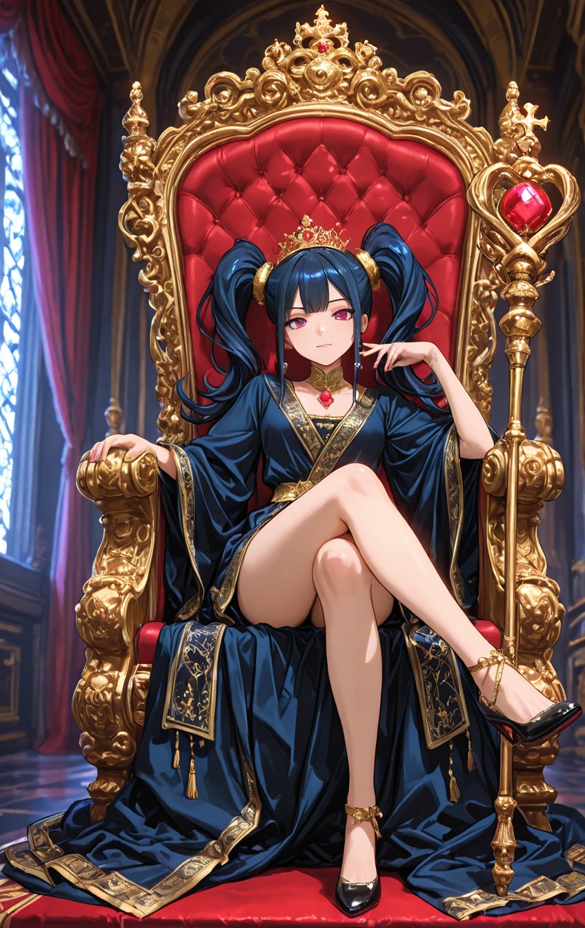 anime girl, boa Hancock, masterpiece, 8k quality, best quality, sitting with her legs crossed. She has long, attractive face, beautiful eyelashes straight black hair that flows down her back and deep purple eyes with a confident expression. She is wearing a red strapless dress with a deep neckline that reveals part of her chest. The dress has a high slit on the left side, showing her legs from thigh to knee. The dress features intricate golden patterns, naked shoulders, She is also adorned with large golden hoop earrings, legs and feet are visible, crossed legs, The background should be simple, such as a soft gradient or complementary color, to highlight her regal appearance, The setting should be detailed and luxurious, with the character seated on an opulent carpet. The carpet should have intricate patterns and rich, vibrant colors, such as deep reds and golds. Surround her with lavish decor, including golden accents and elegant furnishings, to create a regal atmosphere. The background should evoke a sense of grandeur and royalty, fitting her character’s status in the One Piece universe.