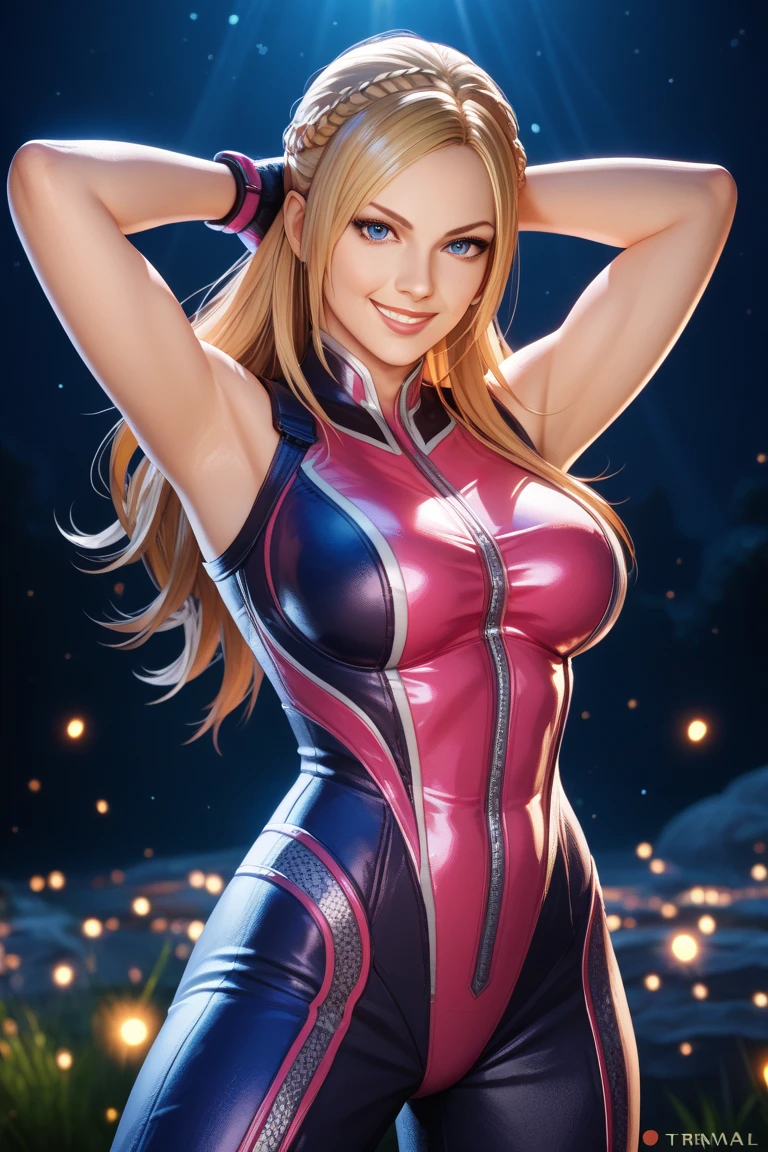 High school girl transforms into a superhero in a leotard and gloves and knee boots, big breasts, cowboy-shot