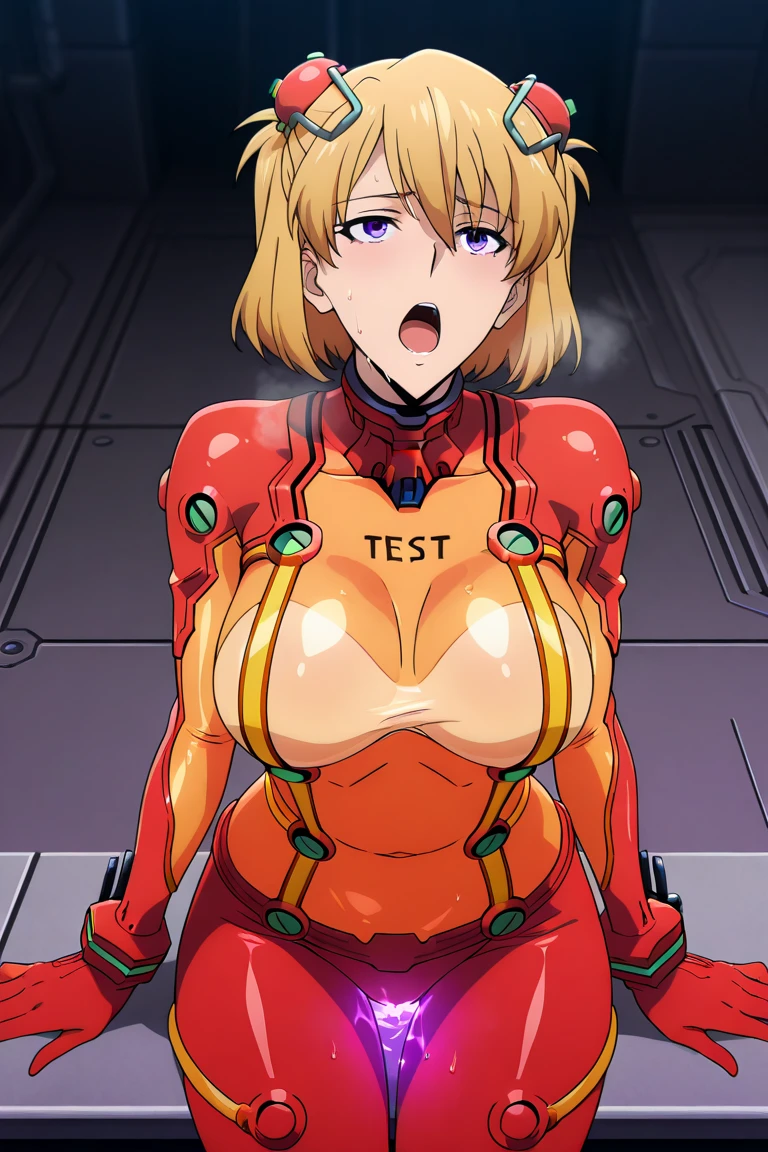 (best quality:1) , (masterpiece:1), (ultra detailed:1), (Yontarou, shiny skin, wet:1.1), red eyes, blonde, 1girl, looking at viewer, plump, gigantic breasts, huge breasts, huge areolae, plugsuit, skin tight, <lora:lora_Yontarou3rdTrialNAIFull-000008:1>