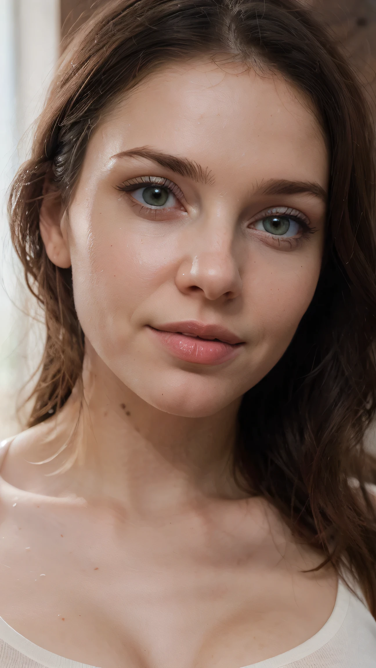 Portraiture, 20 year old brunette german girl, Sexy and attractive expression, Wearing a pink shirt, Messy bun, 8k, highest quality, masterpiece, (Looking into the camera:1.3), photograph, (beautiful), realistic skin, realistic skin texture, big breast, football shape breast, football size breast, long breast nipples, tight breast, breast that looks like full of milk, fair, bright, cool, sweat , water drops scrolling from face,cold weather, winter ,
