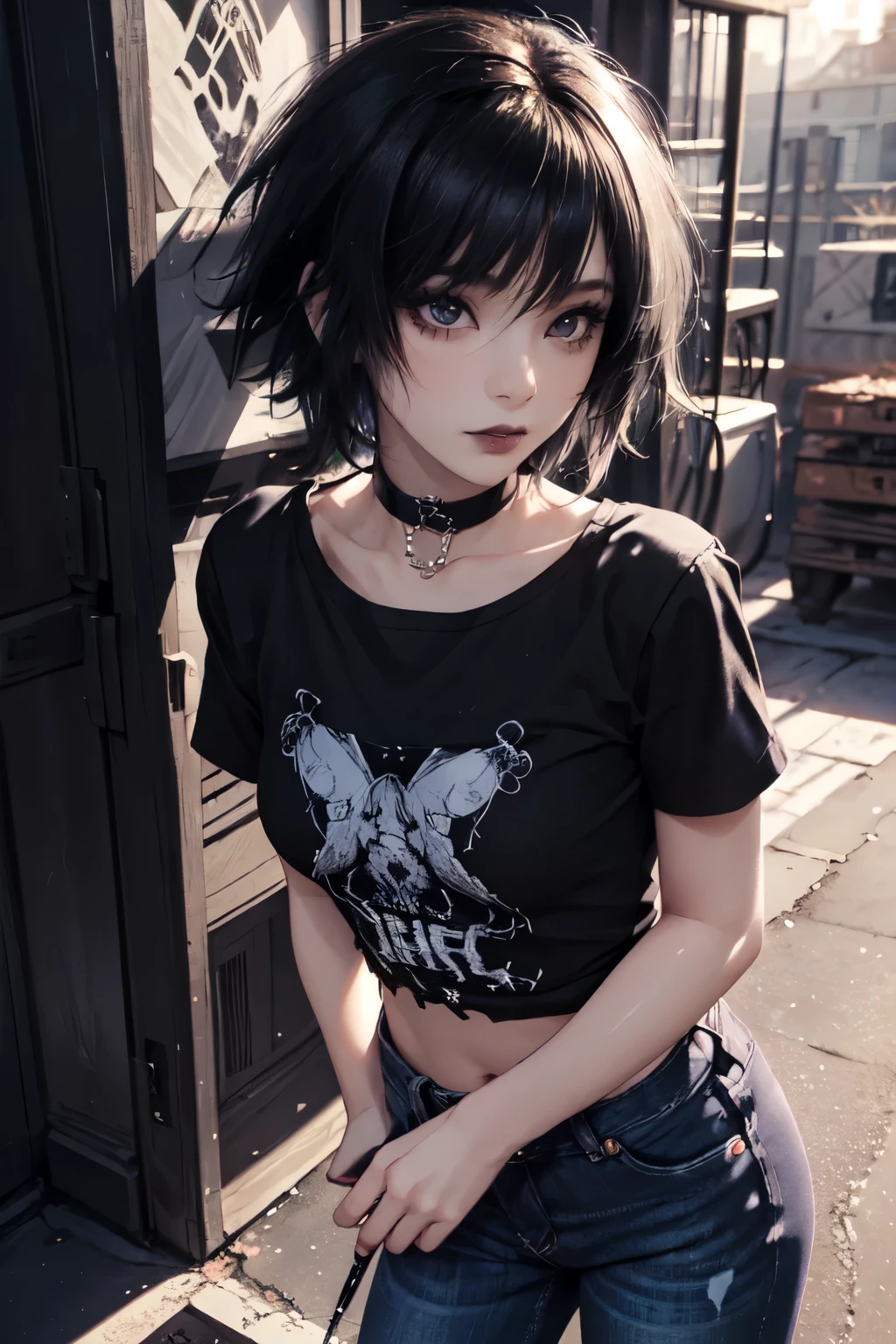 Girl, woman, emo_hairstyle, black lipstick, smocky eyes, dog collar, eyeliner, eye shadow, realistic lighting, short hair, jeans, punk, smirk. Big breast, polo shirt. Standing up.