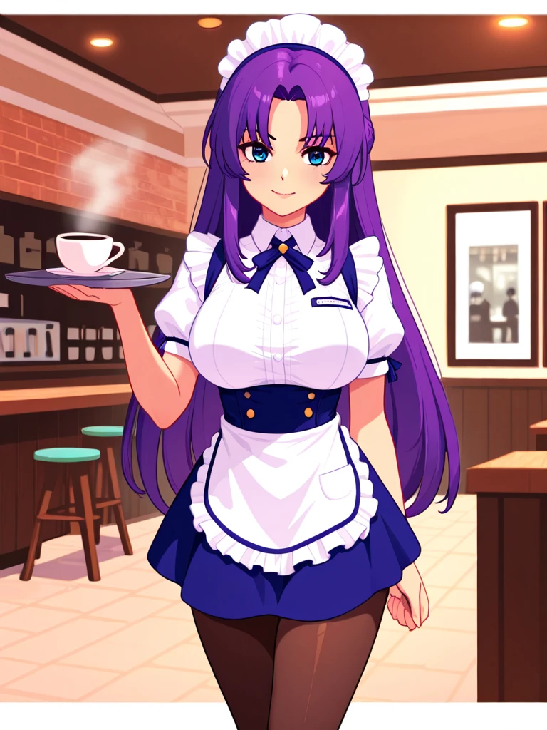 1girl, cowboy shot, beautiful noelle_silva, long hair, alternate hair, hair clip, bangs, earring, jewelry, silver hair, purple eyes, maid_dress, maid dress, stocking, naid hairband, white hairband, cleavage, water, medium breast ,smile, room, indoors, cafe, food, table, chair, drink, front light, volumetric lighting, best quality, masterpiece, intricate details, tonemapping, sharp focus, hyper detailed, blush, sexy pose, sitting,