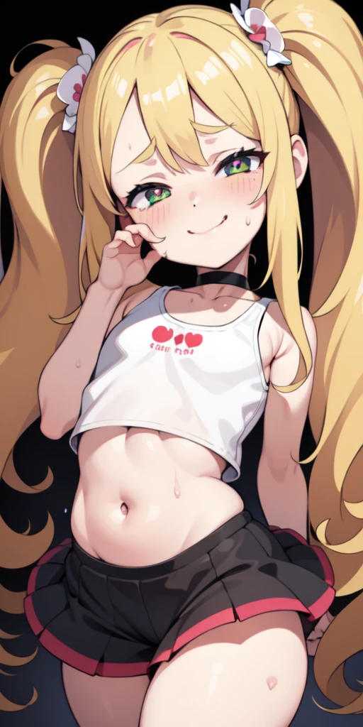 1 girl, heart-shaped pupils, put your hand on your face, (blond hair), (green eyes), (blush:1.1), Upper body, trembling, Sweat, Sweatdrop, heart, (speed line:1.1), ((Flat milk)), ((heavy breathing:1.3)), like, heart, bratty, mesugaki expresion, teasing pose, brat, lolita, Happy, smile,Yandere, long hair, (twintails), ((LOLI)), (red bows on hair), ((white crop top t-shirt)), (short denim shorts), denim shorts, simple pink background, smile, midriff, ((mesugake expression at lens)), ((white crop top t-shirt)), oversized t-shirt, (midriff)