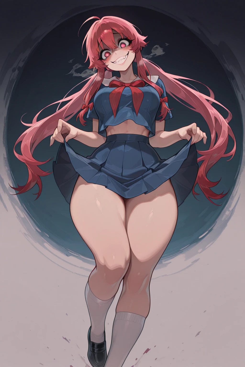 One Girl,{Knee-high socks}、(((Wide Hips)))、 (((Thick thighs)))、((Big Ass))、(Big Breasts) Embarrassed look、whole body、Sexy pose,Long Hair、skirt、青いskirt、(serafuku)、Red neckerchief、Black sailor collar、,shortstack