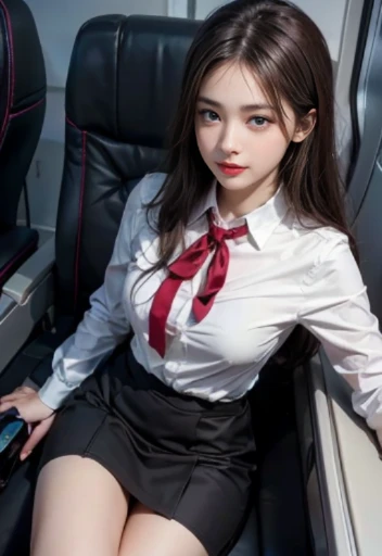 8K, Masterpiece, RAW photo, Best quality, detail:1.2),Photorealistic, Extremely detailed CG unifies 8K, 8K, Depth of field, Cinematic light, Lens flare, Ray tracing, ,Pretty Korean girl, Kpop idol, Photo of a sexy woman sitting in an airplane seat,Wearing a flight attendant uniform,pleatedskirt,(black pantyhoses:1.3),tight fit clothes,mediuml breasts,Wide buttock,being thin,Redlip,黑The eye,(unholy:0.9),Cross ed leg,(textured fabrics:0.9),looking at viewert,(ssmile:0.8),flirting to the camera,(metallic fabric:0.5),extremly intricate,(realisticlying,primitive:1.5), Sideslit, (bblurry:0.9), detail in face, poor quality photo, hight contrast, inside airplane, Slender, bow-shaped, (birthmark:0.4)