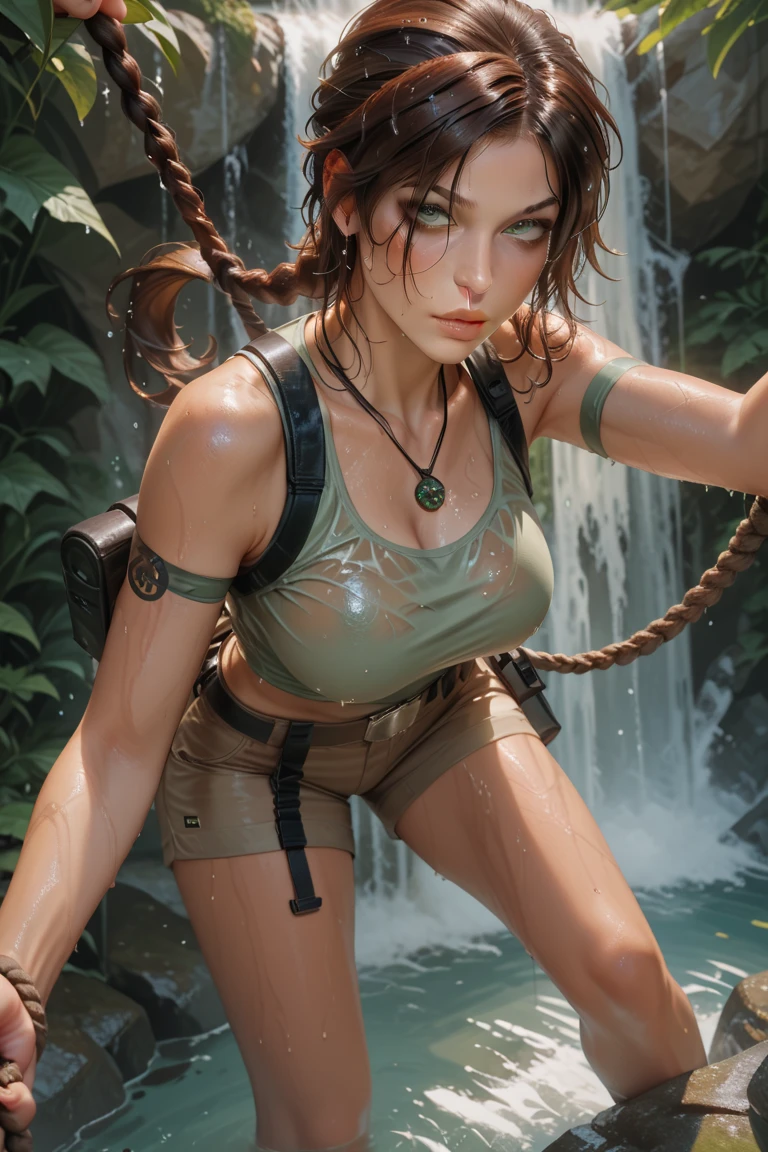 American model posing for a photo,(wearing tomb_rider_cosplay_outfit,wearing sunglasses:1.3),
good hand,4k, high-res, masterpiece, best quality, head:1.3,((Hasselblad photography)), finely detailed skin, sharp focus, (cinematic lighting), lush Amazon jungle, Mayan ruins, pov from below