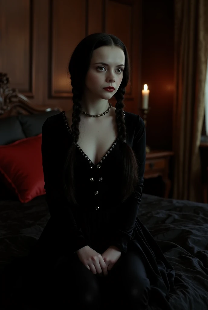 Gothic woman sitting on her throne looking with contempt, low-cut, bright green eyes, and illuminated by candles 