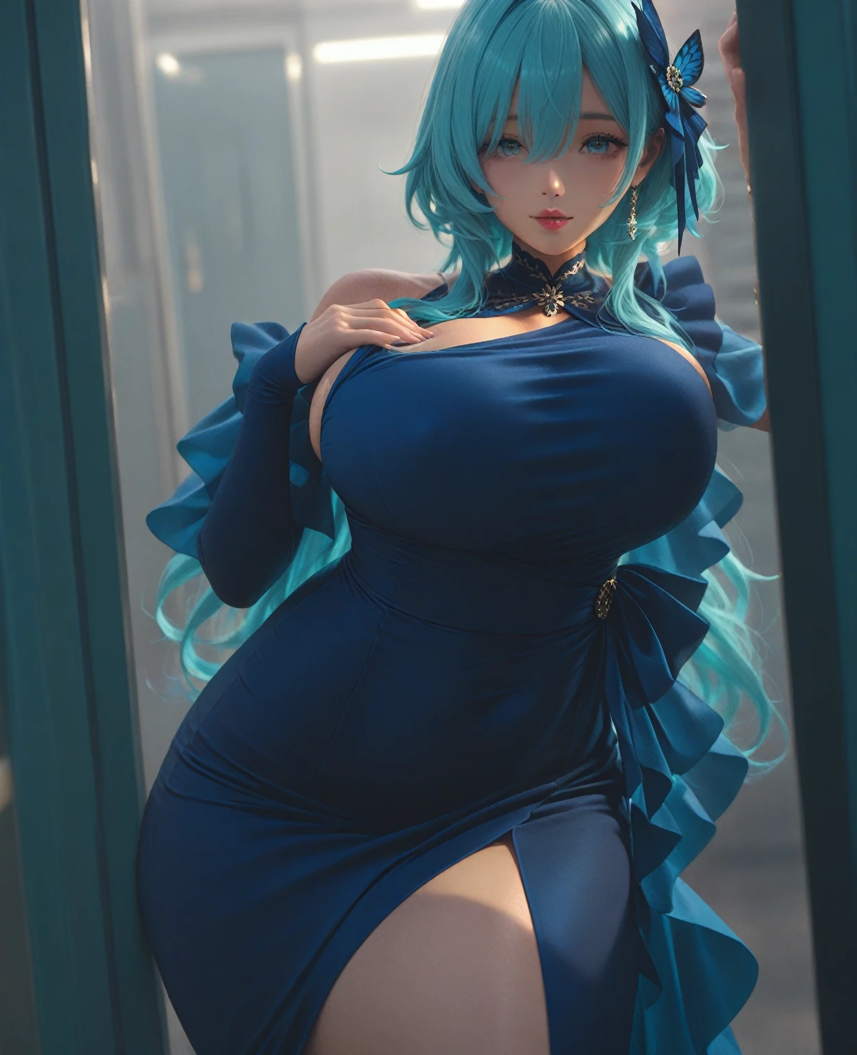 Best quality, masterpiece, ultra high res, raw photo, beautiful and aesthetic,deep shadow, dark theme,(ultra detailed:1.3),
1girl, sitting pose, Headdress, (beautiful face, detailed eye:1.2), embarrassed, (busty breasts, gigantic breasts:1.1), drill hair, long hair, blonde hair, gradient hair, yellow eyes, solo, big hair, blue hair, divine goddess, looking at viewer, indoors, royal palace, medieval bedroom, canopy bed, astraea, full body, (kamisatoayakarnd:1.3),