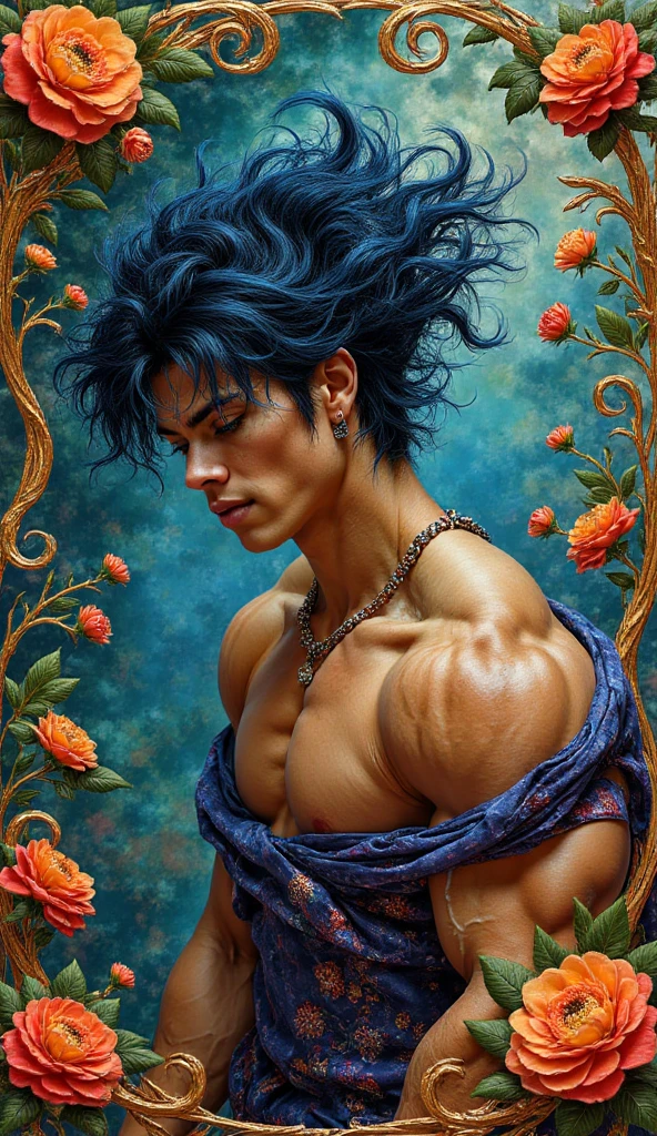 A beautiful male super model, mixed media, wet paint, Jewel bug, color background, flowing liquid color down her face, shot by ZHANG JINGNA