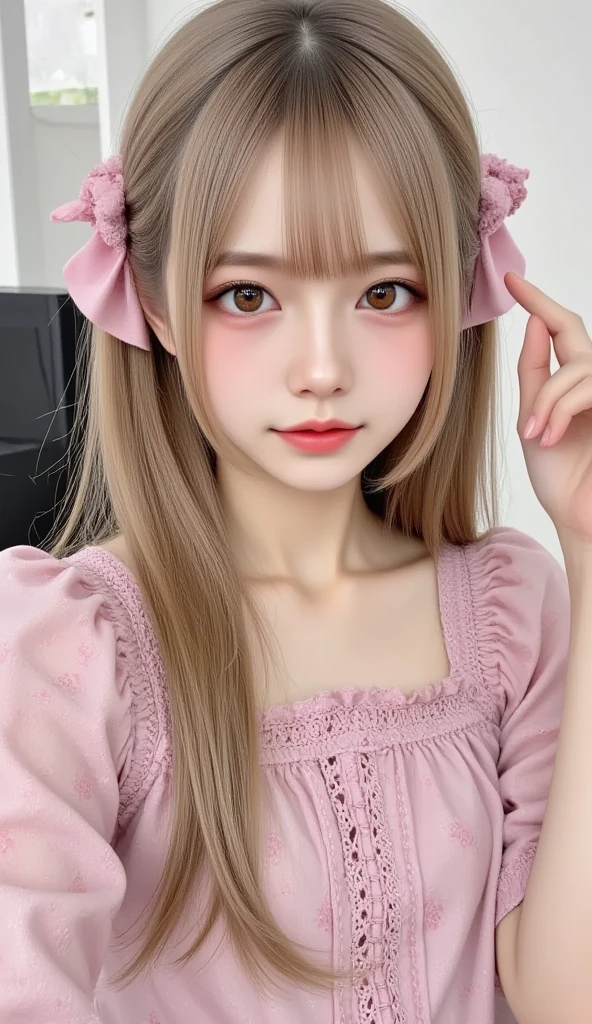 hay una chica con el pelo largo y un lazo rosa en el pelo, Linda cara de anime natural, Retrato realista kawaii, Chica de anime en la vida real, Linda chica kawaii, Chica bonita de anime, Joven chica de anime realista, Dulce conejita ultrarrealista, Bonita cara de anime, linda cara de anime, Cara de chica de anime extremadamente linda, muy hermosa linda catgirl, Atractiva chica de anime
