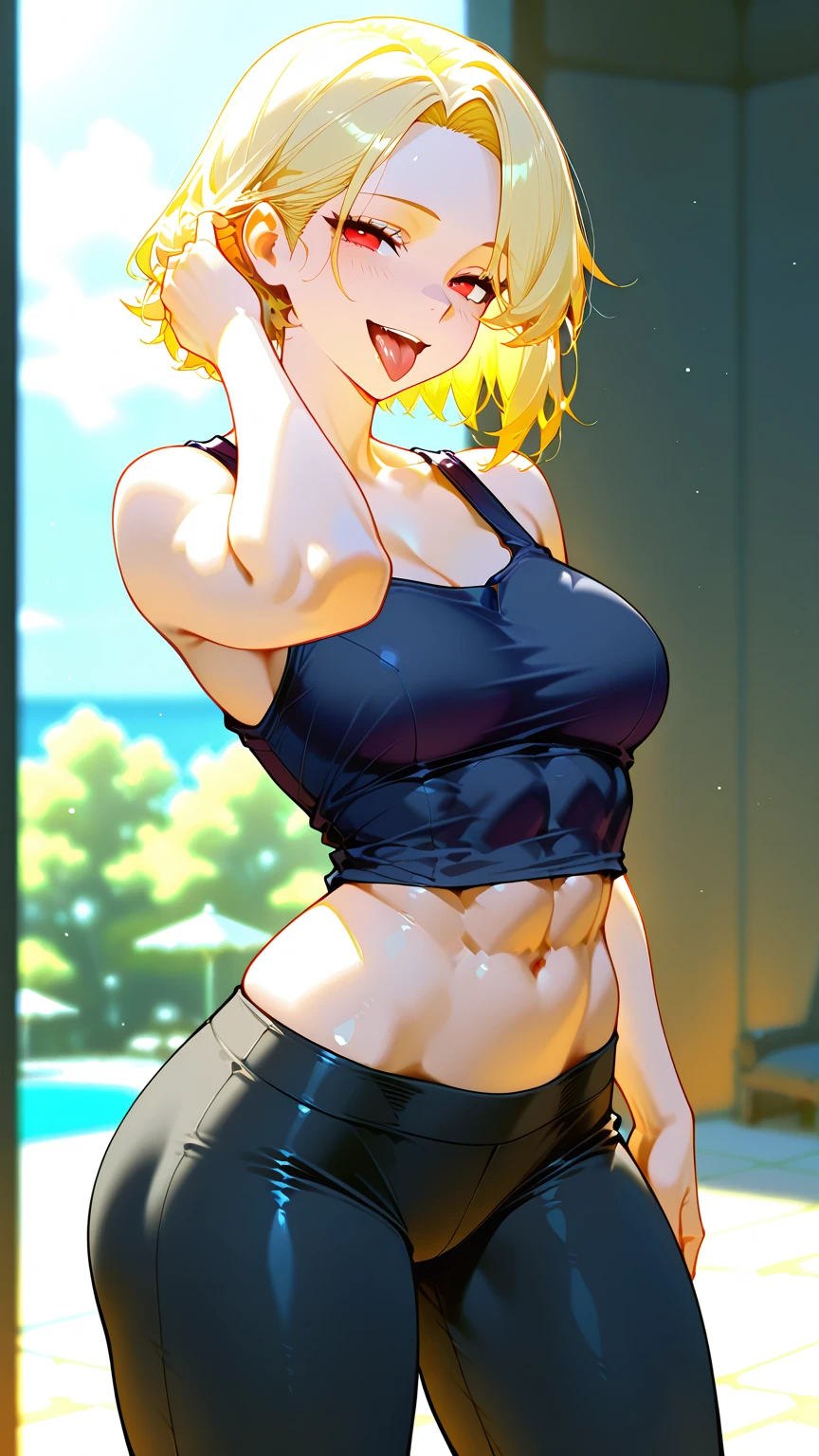 ratatatat74 style, blush,1girl,sports bra, yoga pants, smile, open mouth, leaning forward, looking at viewer, cowboy shot, short hair, blonde hair, <lora:ratatatat74-offset:1>