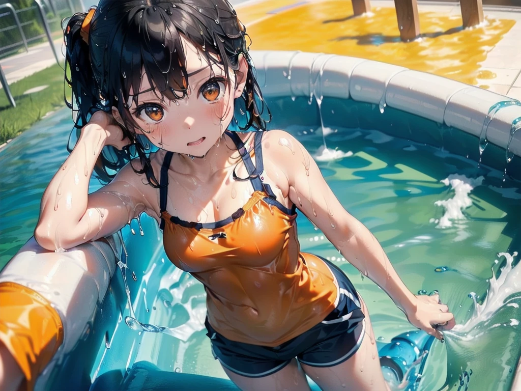 masterpiece,top-quality,realisitic,swim wears(orange color camisole,Dark blue shorts),Covered in cloudy, slimy lotion,Large public bath(Add white slimy lotion instead of water),