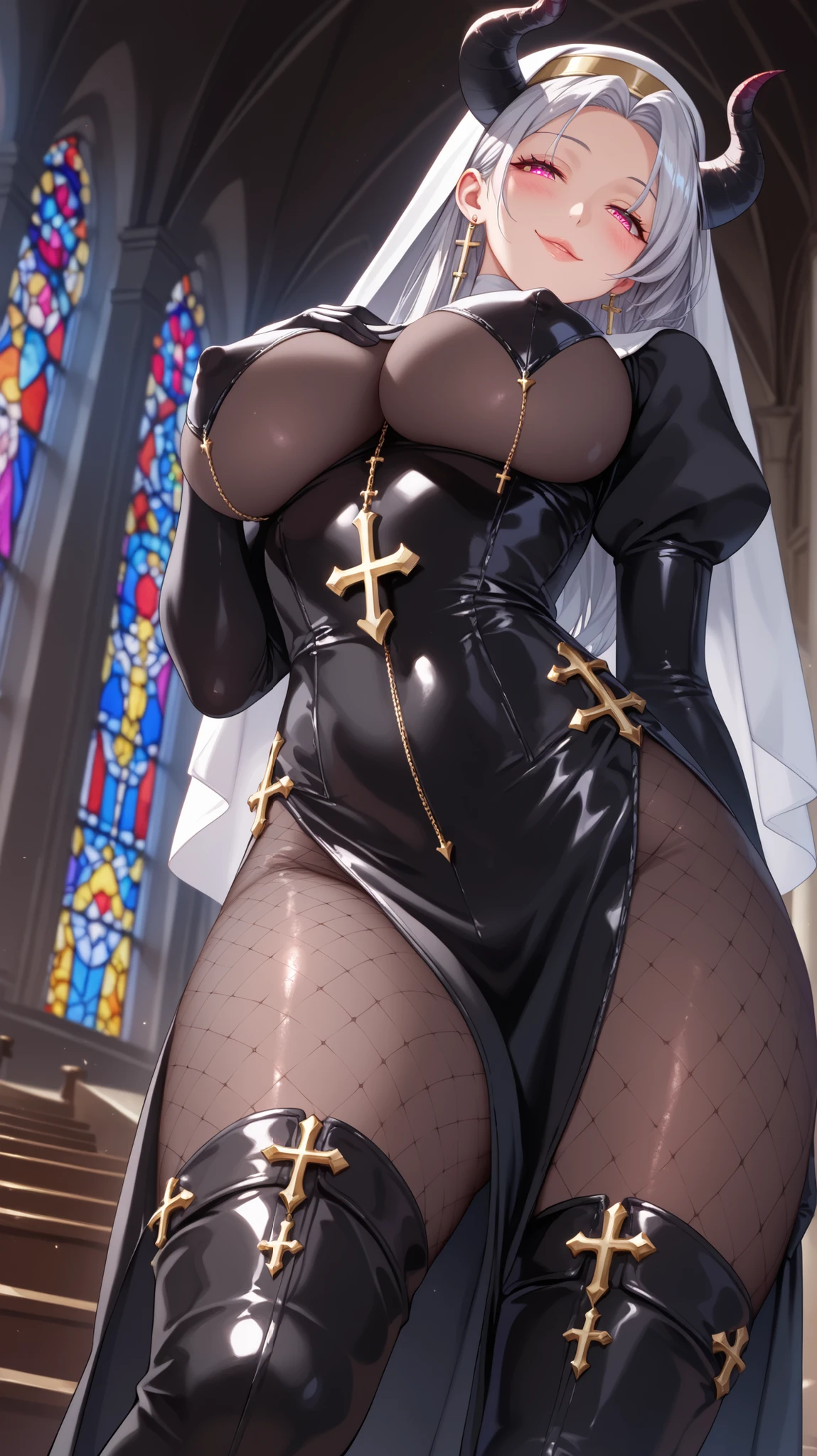 nun, sweaty, Haggard, panting, flushed cheeks, nun habit, looking at viewer, bending forward, cute, blue eyes, church background, highres, butterfly hair ornament, solo, long blond hair cascading on her shoulder, tight nun outfit, hourglass figure, (wet, shiny skin:1.3),(Oil highlights, oil skin:1.3)[wet with oil:0.7]