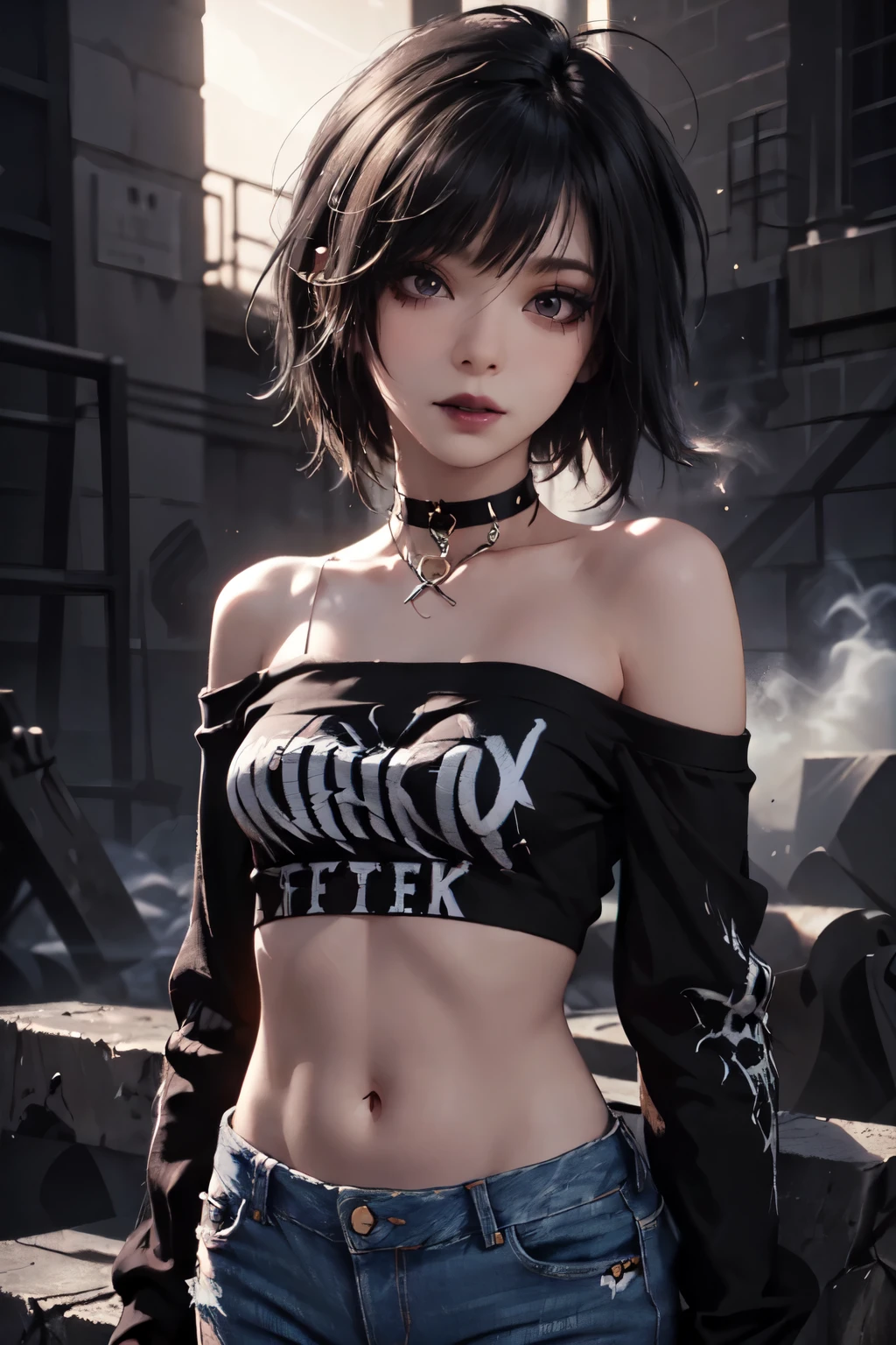 1boy, -yeld, Ehairstyle, black lipstick, dog collar, eyeliner, eye shadow, smoky eyes, realistic lighting, tank top, short shorts, sneakers, satanic tattoo, smug, smirk, short hair, flat chest, sweat, sweaty, shiny skin. slim waist, erection under clothes, buble butt, Height about 120 cm