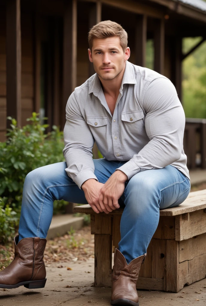 (masterpiece, best quality), Dark photograph, homoerotic, a shirtless average young man, redneck, wearing tight bulging black shorts, sitting on concrete steps porch of small farmhouse, hazy, smokey, film, accurate proportionate, bare chest leg thigh knee calf foot barefoot, summer evening, nighttime, Photorealistic, hyperdetailed, life-like, sharp focus, ((detailed realistic skin, life-like detailed realistic face)),
