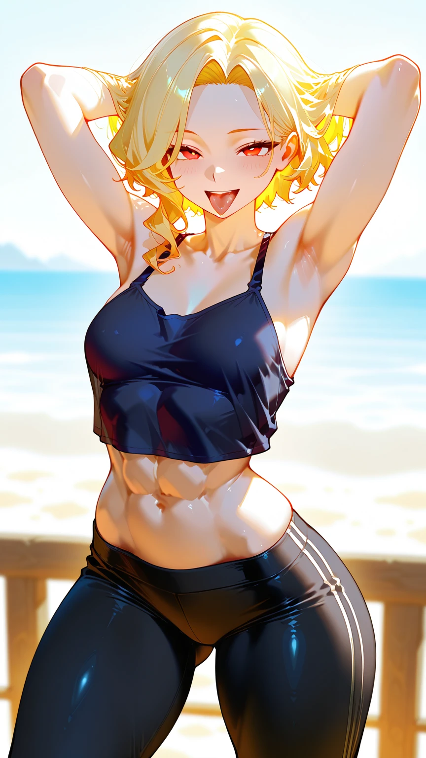 (((masterpiece、Highest image quality、highest quality、highly detailed unity 8kwallpaper)))、((Illustration of one girl))、(((beautiful girl)))、((blonde、short hair、two side up:1.4、sidelocks:1.6、green eyes))、(((stocky build:1.5, thickset physique:1.6, muscular legs, broad shoulders:1.6, solid chest:1.5)))、swimsuit、sandy beach
