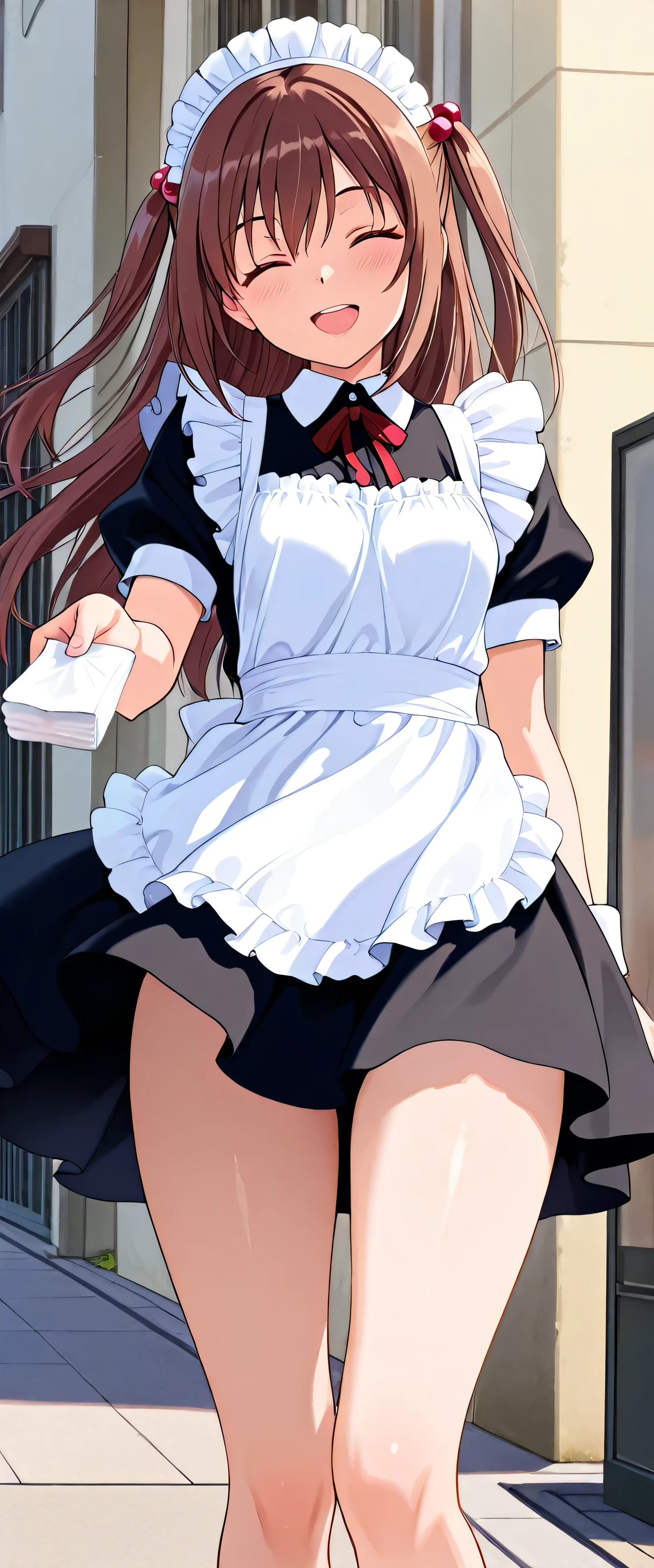 (beautiful girl: 1.3),masterpiece,Please redeem,Ultra-high resolution,Rich contrast,Very high quality,8k,Highly detailed CG unit wallpaper,Texture,So ridiculous,RAW Photos,Please redeem anime,Depth of written boundary 1.2,ultra-detailed eyes,Uchida Yuka,long hair,brown hair,two side up,hair ornament,hair bobbles,bangs,Maid uniform,small breasts,Open your mouth wide,Sidewalk in a residential area,(The wind is blowing my skirt up),smile,(((Tilt your head))),(Handing out pocket tissues to passersby:1.3),(Thighs close up:1.5),closed eyes