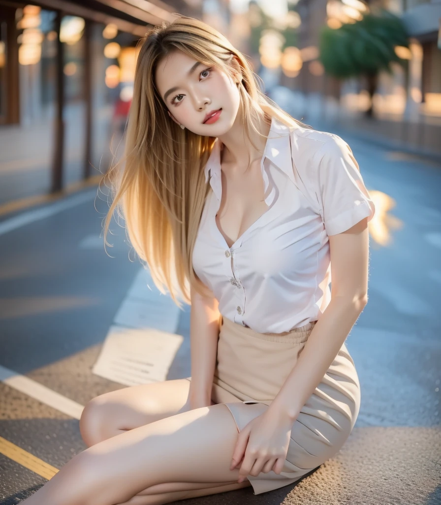 (highest quality, pieces fly, realistic photo, Super detailed, ultra high resolution, born:1.3), (1 female, beautiful japanese actress, 25 years old), (shy smile), detailed face,Fancy makeup with red eyeshadow,big ring earrings,light blonde delicate mid cut hair,The ends of the hair are wavy,elegant hairstyle,fine eyes, Actress with slender figure,small breasts, white shirt,(mini skirt),white panties,