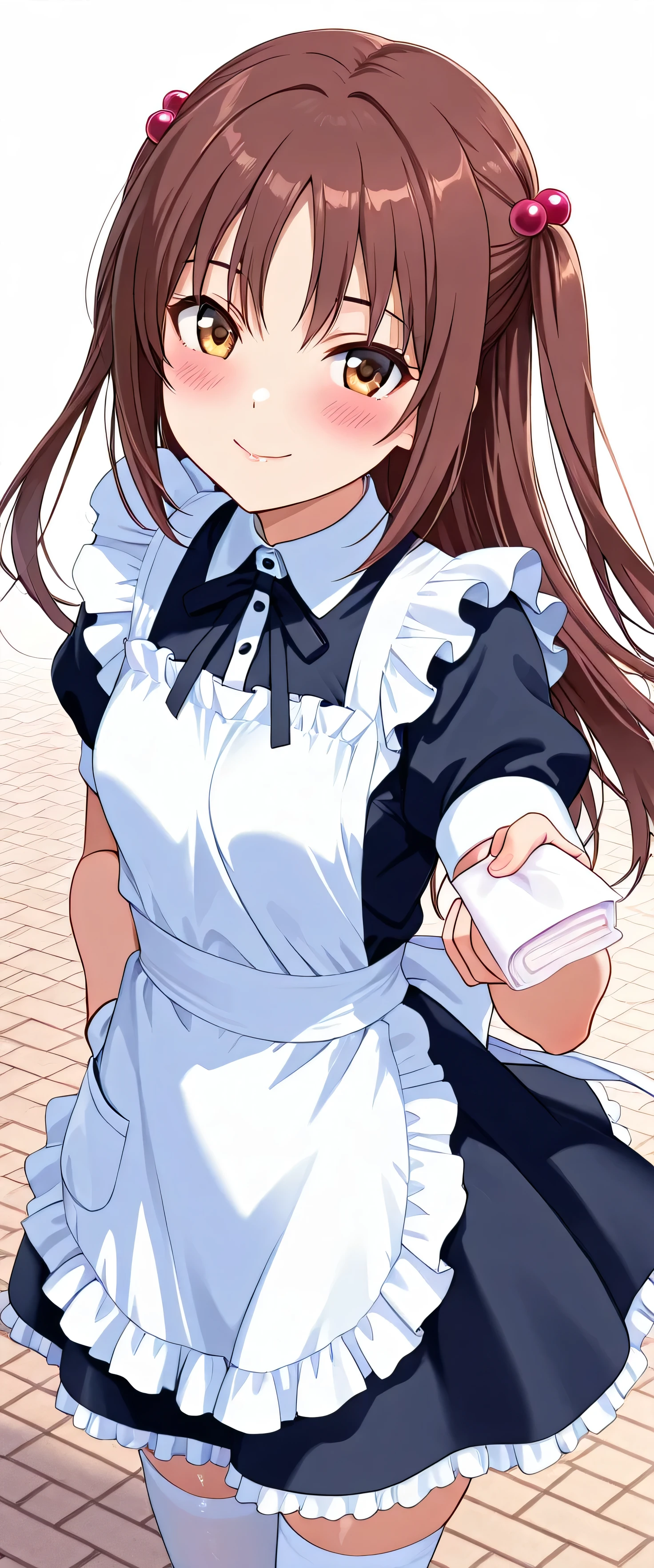 (beautiful girl: 1.3),masterpiece,Please redeem,Ultra-high resolution,Rich contrast,Very high quality,8k,Highly detailed CG unit wallpaper,Texture,So ridiculous,RAW Photos,Please redeem anime,Depth of written boundary 1.2,ultra-detailed eyes,Glowing Skin,Beautiful glossy lips,Uchida Yuka,long hair,brown hair,two side up,hair ornament,hair bobbles,bangs,brown eyes,Maid uniform,small breasts,Open your mouth wide,Sidewalk in a residential area,(The wind is blowing my skirt up),closed mouth,(((blush))),smile,(((Tilt your head))),(Handing out pocket tissues to passersby:1.3),white thighhighs,