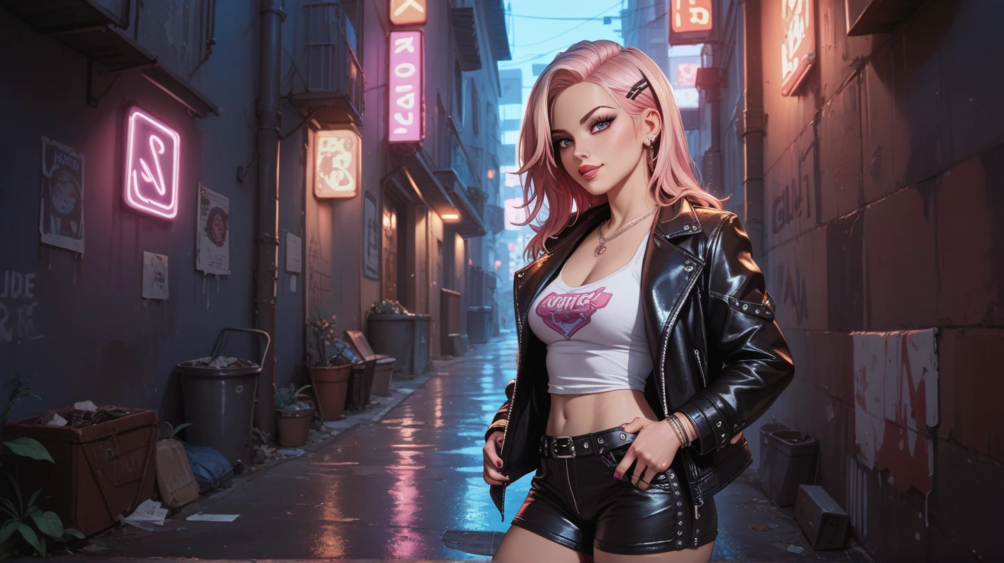 cyberpunked Red leather jacket Kizi smil beste-Qualit masterpiece Super-High Resolution Pink hair Red bodysuit leather pant