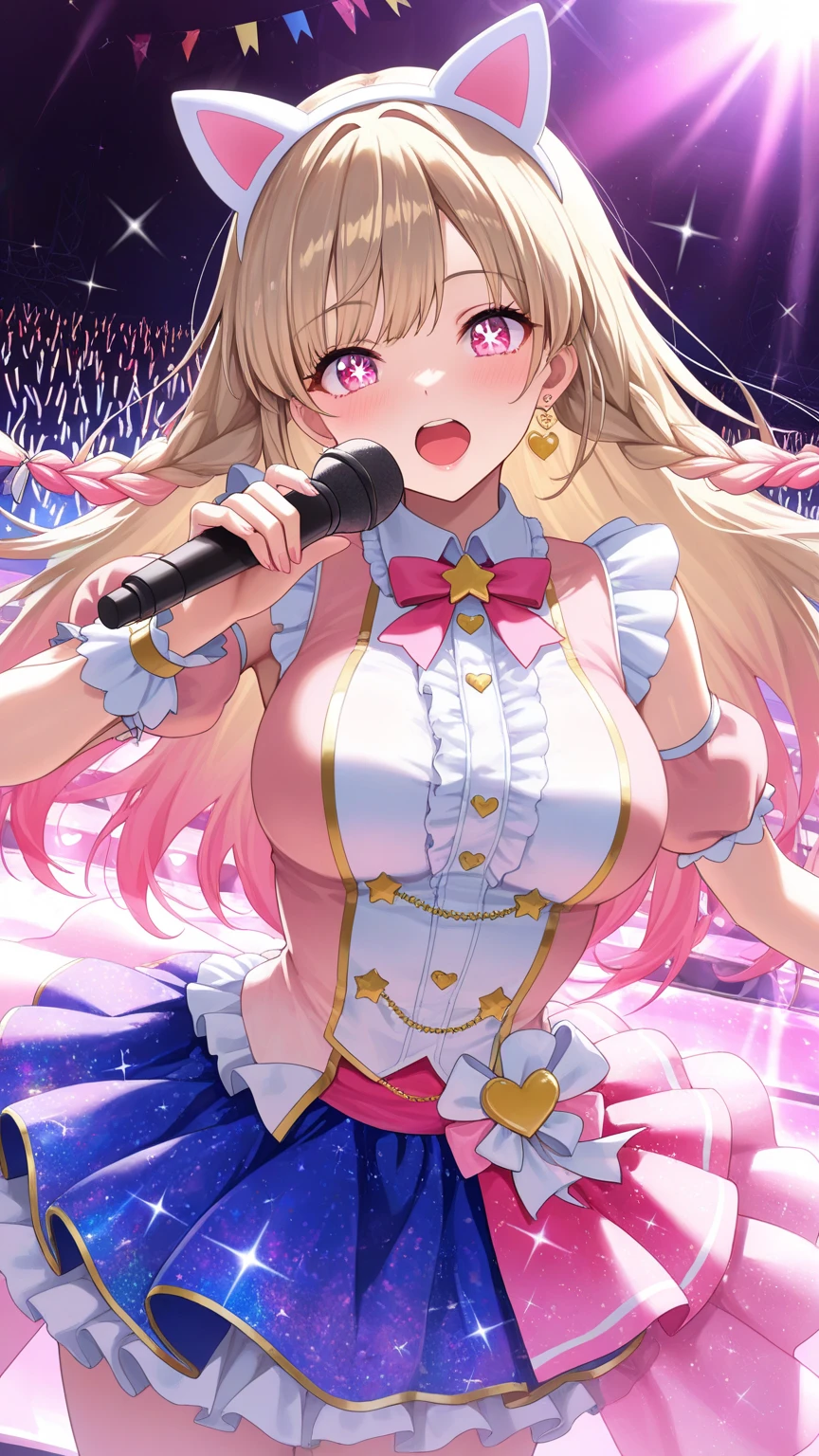 highest quality、High resolution、Detailed Background、(Beautiful face in every detail:1.4)、Anatomically correct、(Detailed facial expressions)、Teenage beauty、(Highly detailed face:1.4)、(Huge breasts:1.3)、Accentuate your cleavage、Show your side、A big smile、smile、
A sailor dress with a fluttering pink ribbon、A soft silhouette、Pretty figure、Cute gestures、
Standing on stage with big shining eyes、A sparkling smile that captivates the audience、A clear singing voice echoes through the venue、I was enchanted by the heart-tugging voice.、Her small hands move gracefully as she sings、I'm fascinated by her angelic behavior、A dreamlike sight、I am fascinated by her pure expression.、This moment is so wonderful I want to hold it forever、I'm grateful for the miracle of meeting this lovely girl.、A goddess of the stage who continues to shine forever、cute