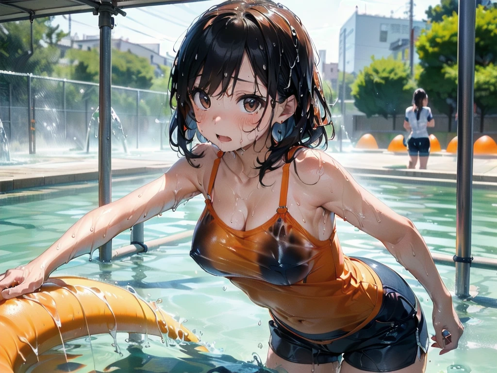 (Orange swimsuit(Orange camisole,Slippery and seeping in):1.1),(Navy blue shorts(Slippery and seeping in):1.2),(All fours pose:1.1),Big Breasts,(Slimy and soaking wet:1.5),Slimy Pool,