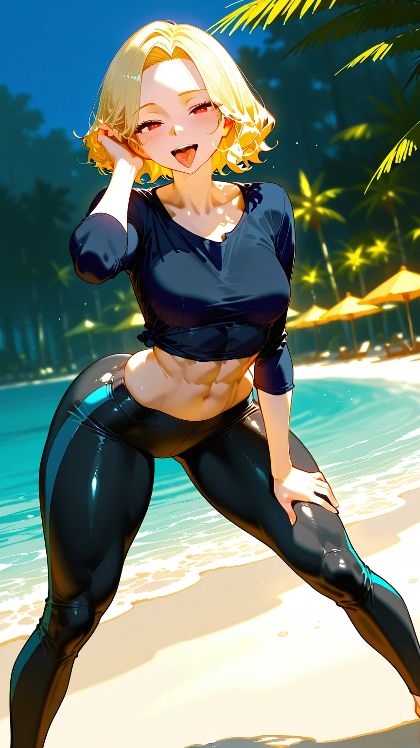 a pregirl, (Largest breasts), thicc, (muscle abs:1.1), korean facial, looking at viewer, wet body, (wet skintight crop top), skintight yoga pants, athletic sneakers, blonde short hair, photore, realisticlying, Best quality at best, employee, 详细的脸, Sexy Sitting on a chair pose by the beach, diffuselighting, depth of fields, Background bokeh.