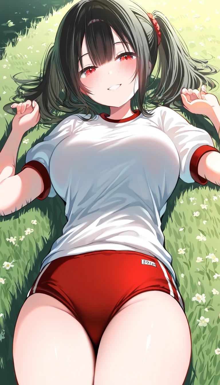 1adult female,(heart-shaped pupils,heart flying),having sex,lying on back and spreading legs widely,(curvy adult body),(vaginal penis),black short hair,,open mouth,tongue,(blushed and happy:1.3),(tanned skin:1.4),(volleyball uniform:1.2),at gym,on gym mat,purple pupils,trembling,sweat,sweatdrop,(speed lines:1.1),gigantic breasts, (pubic hair),(from above,pov:1.2),brown hair,(excessive cum in pussy,creampie:1.1),pov,missionary position,front shot,