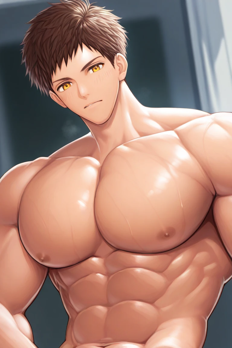 (straight photo)(highest quality photo) boy,no beard,cute young face,royal,wearing tight black briefs,short black briefs revealing huge muscular thighs,pants bulging bust in the middle due to genitals, cute young face, hairstyle with bangs, huge muscular chest muscles, big strong thighs and sinewy muscles, sinewy biceps, huge body, topless, bright white skin, super shiny skin, dripping sweat, brown hair, yellow eyes, sitting on two legs
