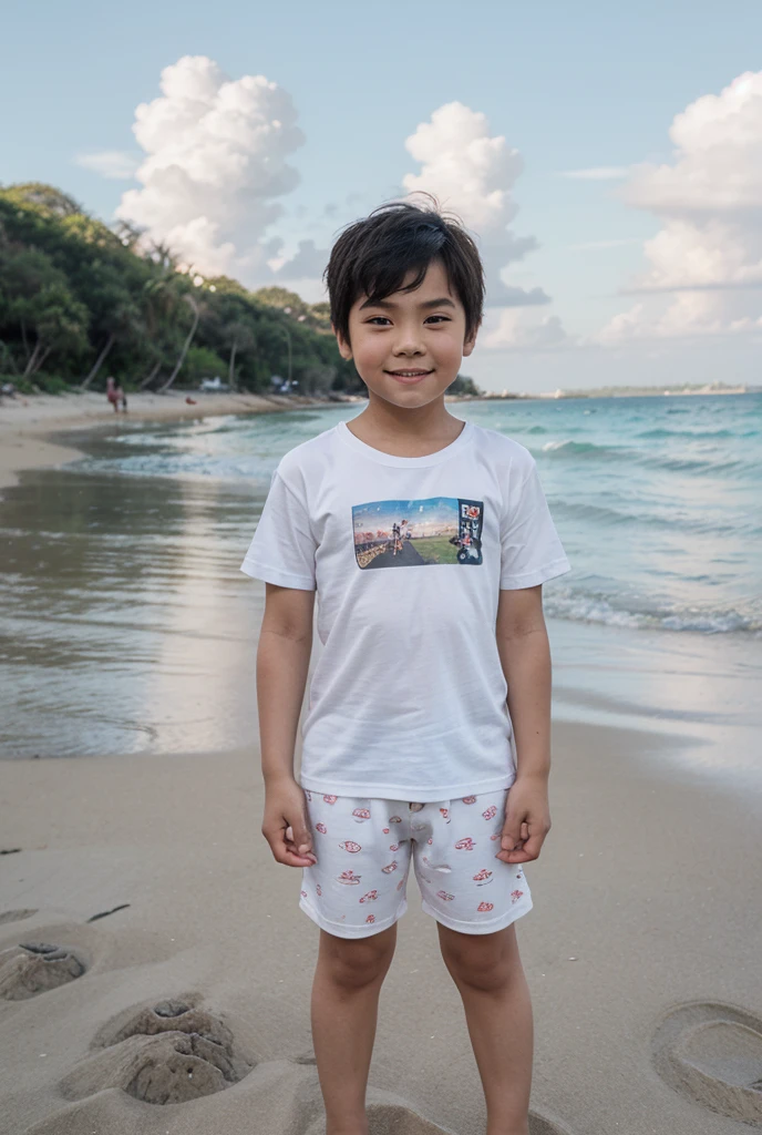 A boy standing inside the beach and in his write bijaya on the boy t shirt
In
Anime