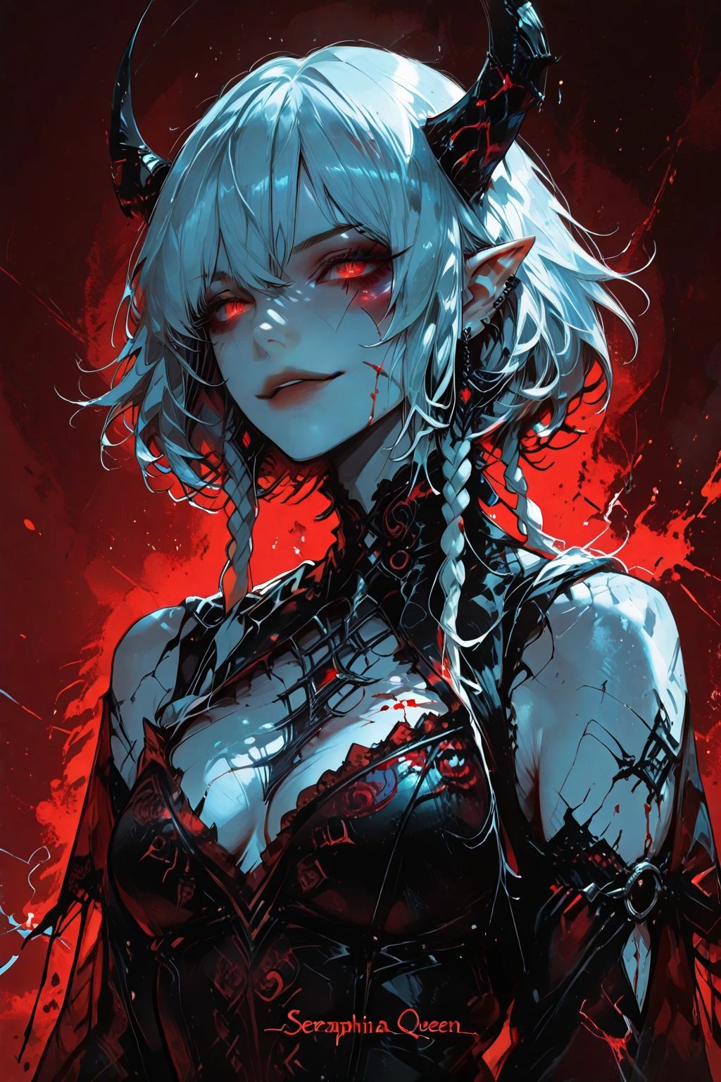masterpiece, best quality, ((1girl)), (colorful),(finely detailed beautiful eyes and detailed face),cinematic lighting,extremely detailed CG unity 8k wallpaper, sky, cloudy_sky, building, moonlight, moon, night, (dark theme:1.3), light, fantasy, ((red Eyes)) ((White Skin)) ((Vampire Ears)) (((Long White Hair)) ((agressive expression)) ((Vampire Queen)) ((Monster Queen)) ((Alien Queen)) ((Monster)) ((Scales)) ((Scarred Face))