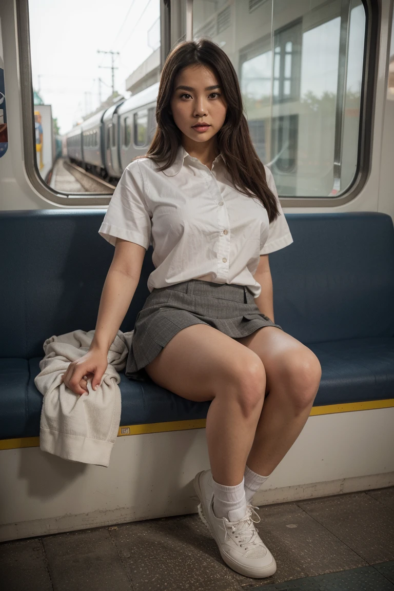 Macktes Japanese schoolgirl sitting in a crowded train, a man stares at her, arms behind head, very transparent open blue blouse, breasts look out, no briefs, legs spread very wide, dildo in vagina, a man touches her breast