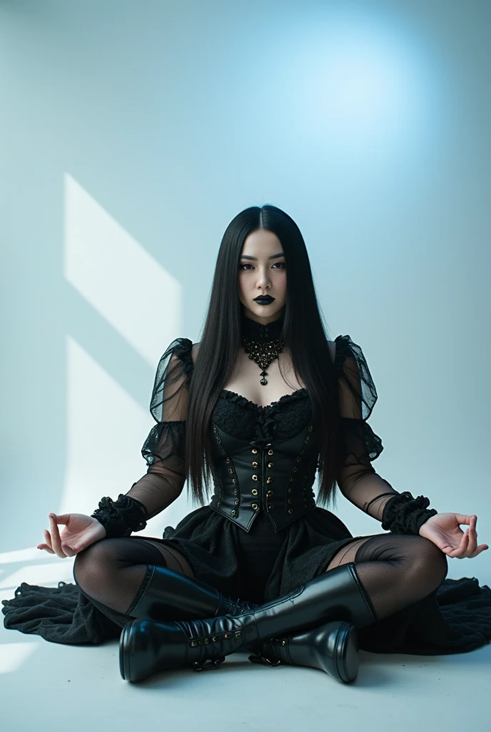 High resolution ultra detailed photography, an Asian Native American mixed race woman with tall height, woman floating in the lotus position in the air, clothing bioluminescent dress in the gothic fantasy style with high heels boots, photo background is a gothic tarot card bioluminescent, photo mood gloomy dark, Body and face of Asian Native American multiracial woman ultra realistic detailed high resolution render, Model Long legst, Pose flying lotus pose