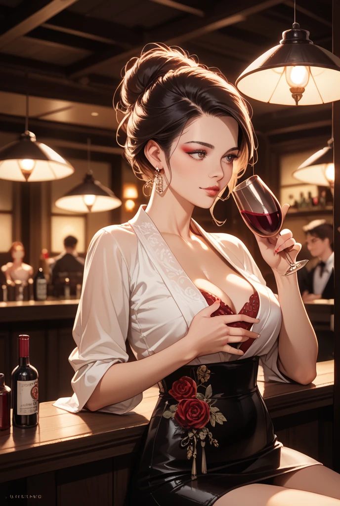{Emmy Rossum pelada de perna aberta, (nua) Sensualizando}, Holding a glass of wine in his left hand, wearing large prescription glasses, ela tem corpo perfeito, peitos grandes, coxas grossas e pernas grandes, olhos cor de mel, cabelos longos. Emmy Rossum linda e gostosa. Hiper realista.