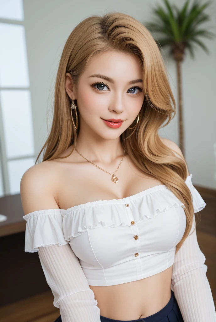 ((Best Quality, 8K, Masterpiece: 1.3)), Upper Body (1.3), Colossal (5), Outstanding Style, Gentle Face, Parallel Eyebrows, Smile, Natural Makeup, Clothes that emphasize cleavage, Refreshing, Eat lunch at a café in the sun through the trees in the city