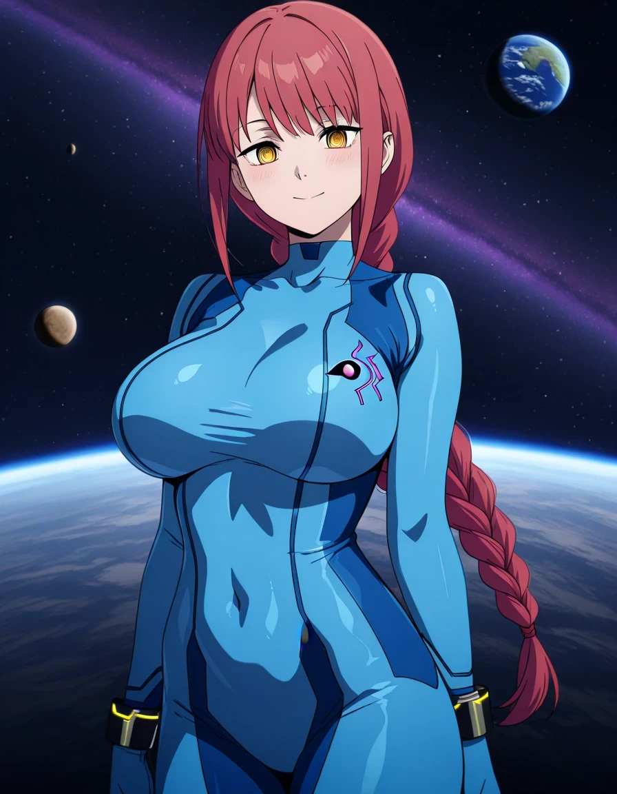 傑作、best quality、best resolution、best image quality、amazing quality、 very aesthetic、 absurdres、anime coloring、anime screencap、1woman、makima、、makima、solo、red hair、yellow eyes、long hair、bangs、braided ponytail hair、ringed eyes、big breasts、very large breasts、large boobs、mature girl、<lora:samus-aran-cosplay-illustriousxl-lora-nochekaiser:1、samus aran cosplay、samus aran \(cosplay\)、blue bodysuit、bodysuit、covered navel、covered midriff、covered stomach、covered collarbone、covered thighs、skin tight、zero suit、space、planet、earth \(planet\)、star \(sky\)、galaxy、nebula、moon、blush、smile、looking at viewer、female focus、cowboy shot、dutch angle shot、
